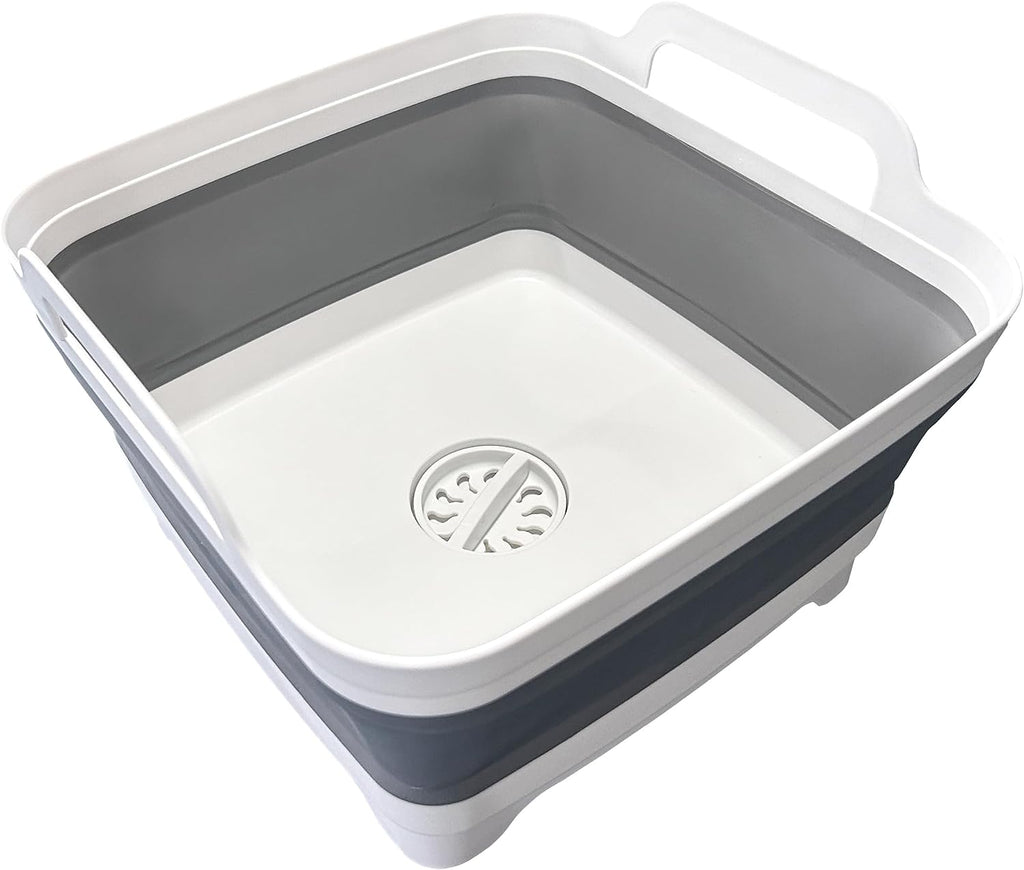 9L (2.4Gal) Dish Basin Collapsible with Drain Plug Carry Handles,Kitchen Storage Tray Dish Wash Basin, Portable Dish Tub, Foldable Dishpan for Camping,Rv,Gray