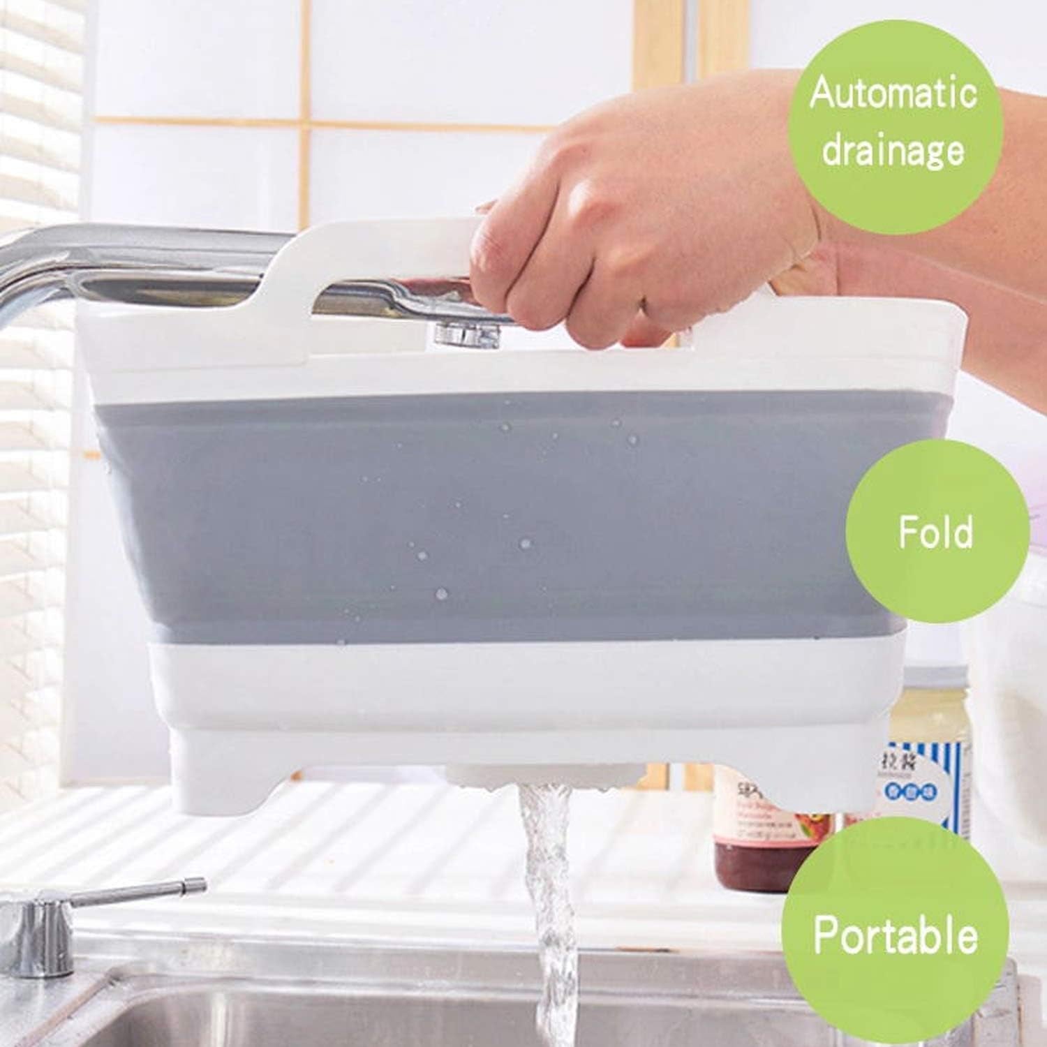 9L (2.4Gal) Dish Basin Collapsible with Drain Plug Carry Handles,Kitchen Storage Tray Dish Wash Basin, Portable Dish Tub, Foldable Dishpan for Camping,Rv,Gray