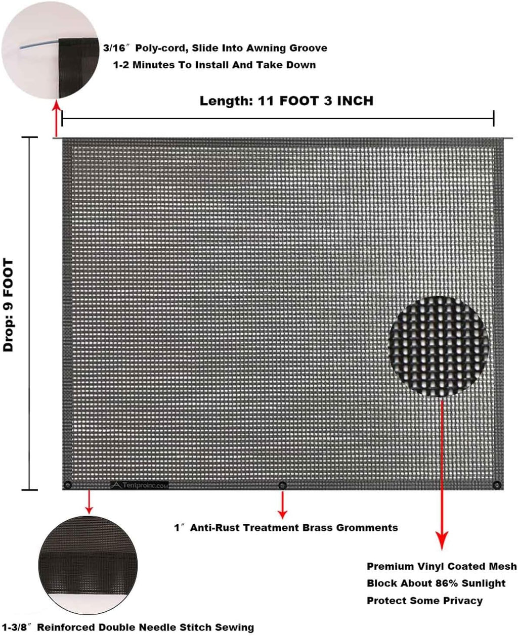 RV Awning Sun Shade Screen 9' X 11' 3" (Fit for 12' Awning) Mesh Sunshade for RV Awning Motorhome Camping Trailer Awning Sunscreen Screenshade UV Sunblocker - 3 Year Warranty (Black)
