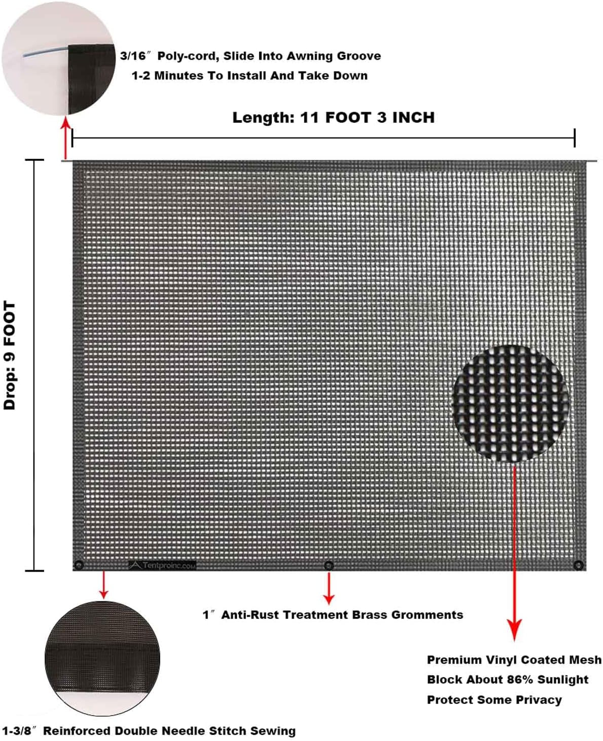 RV Awning Sun Shade Screen 9' X 11' 3" (Fit for 12' Awning) Mesh Sunshade for RV Awning Motorhome Camping Trailer Awning Sunscreen Screenshade UV Sunblocker - 3 Year Warranty (Black)