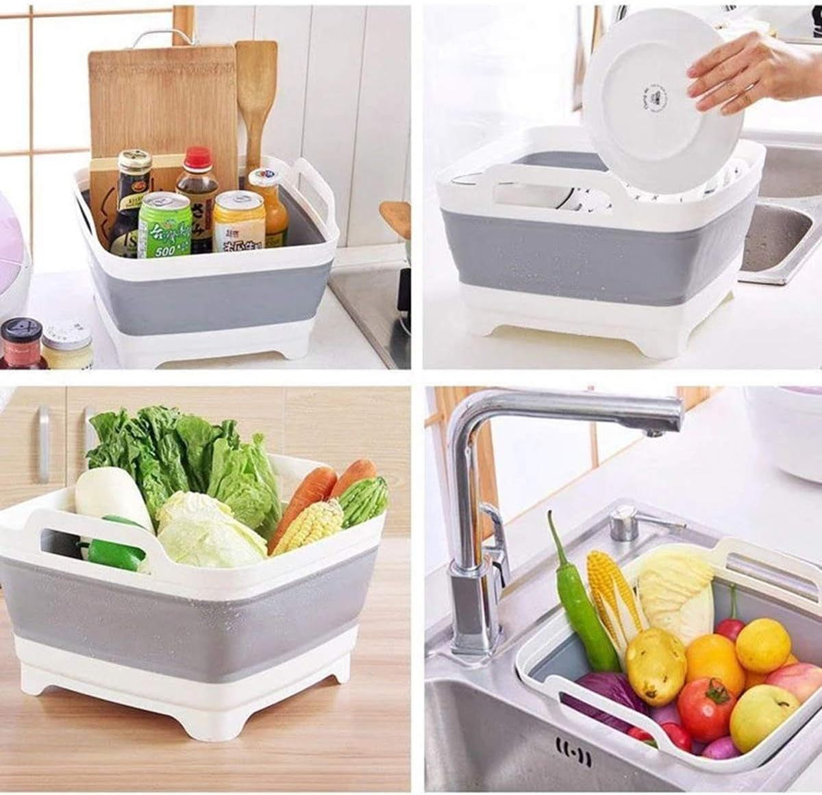 9L (2.4Gal) Dish Basin Collapsible with Drain Plug Carry Handles,Kitchen Storage Tray Dish Wash Basin, Portable Dish Tub, Foldable Dishpan for Camping,Rv,Gray